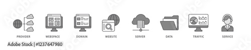 Web hosting icon set flow process which consists of provider, webspace, domain, website, server, data, traffic and service icon live stroke and easy to edit .