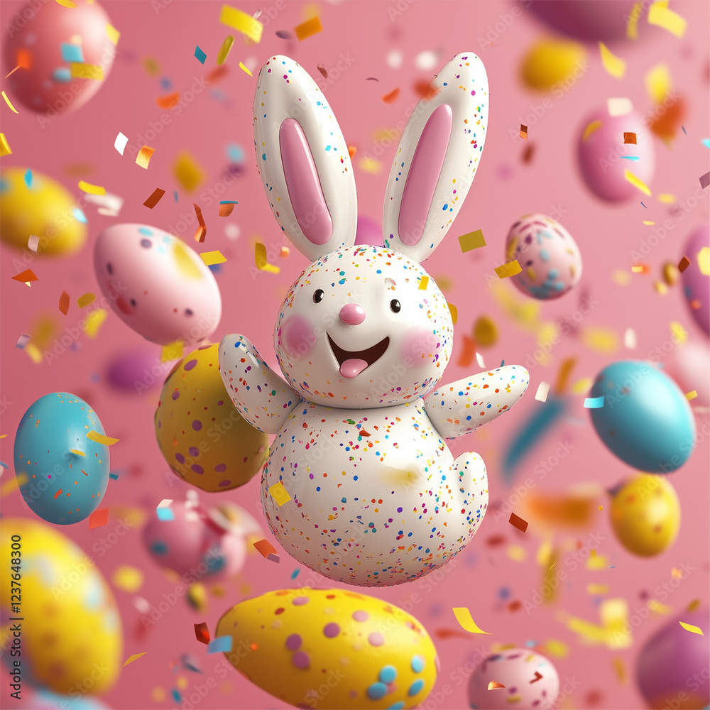 Obraz premium Happy Easter Bunny with Colorful Eggs and Confetti Celebration