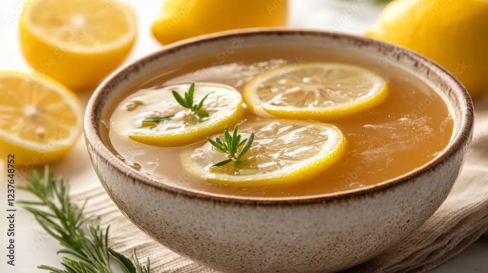 A bowl of traditional soup served during Ramadan, with a garnish of lemon slices, isolated on a white background. A bowl of traditional soup served during Ramadan, with a garnish of lemon slices, isolated on a white background.
