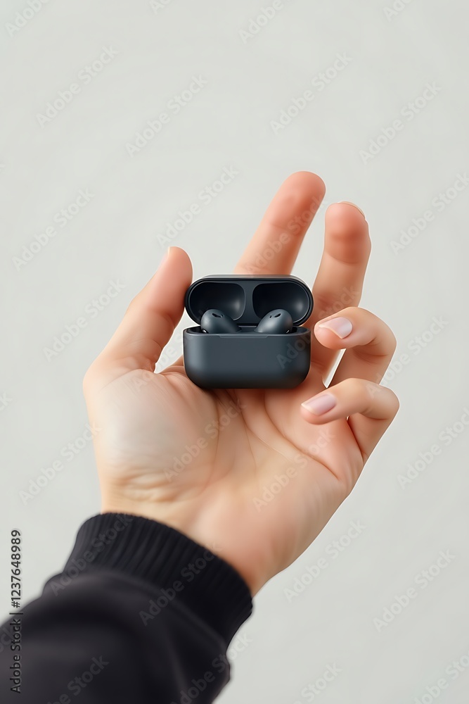 Wireless Earbuds in Hand Stylish Black Charging Case Wireless Earbuds in Hand Stylish Black Charging Case