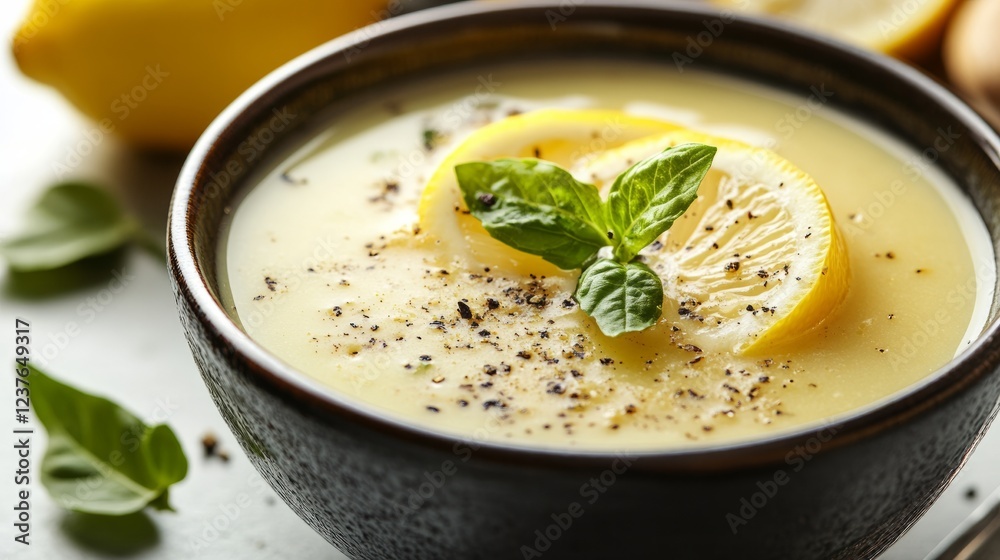 A bowl of traditional soup served during Ramadan, with a garnish of lemon slices, isolated on a white background. A bowl of traditional soup served during Ramadan, with a garnish of lemon slices, isolated on a white background.