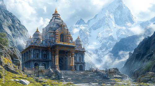 Image of an ancient Hindu temple in the Himalayas. Kedarnath temple in India
