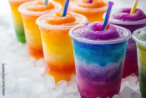 Frozen Rainbow Slush Drinks Chilling on Ice. Still Life Close Up of Colorful Rainbow Layered Frozen Fruit Slush Drinks Arranged on Ice Covered White Surface in Plastic Take Away Cups with Straws photo