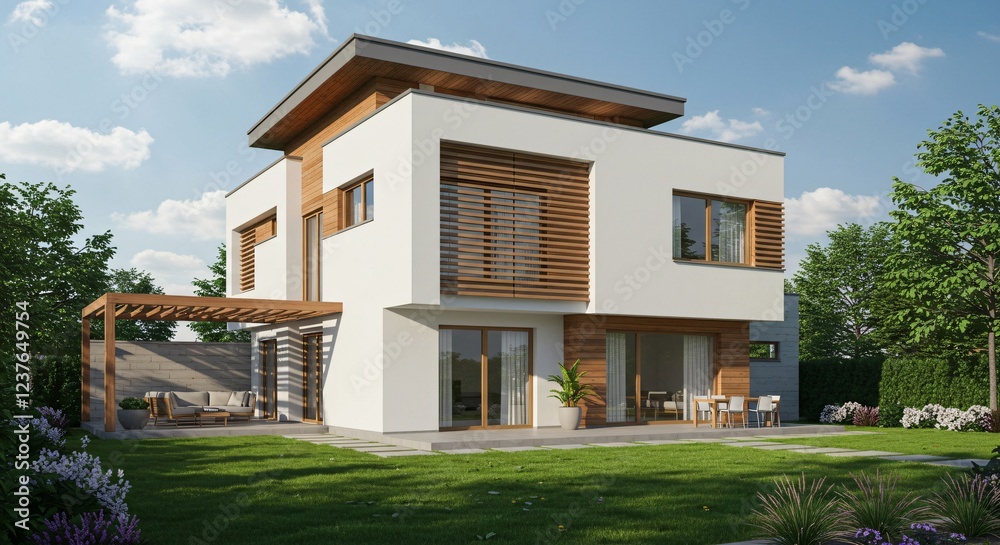 Fototapeta premium A modern two-story house with a sleek design, featuring wood and white finishes, large windows, a pergola, a patio, and a lush green garden under a clear blue sky.