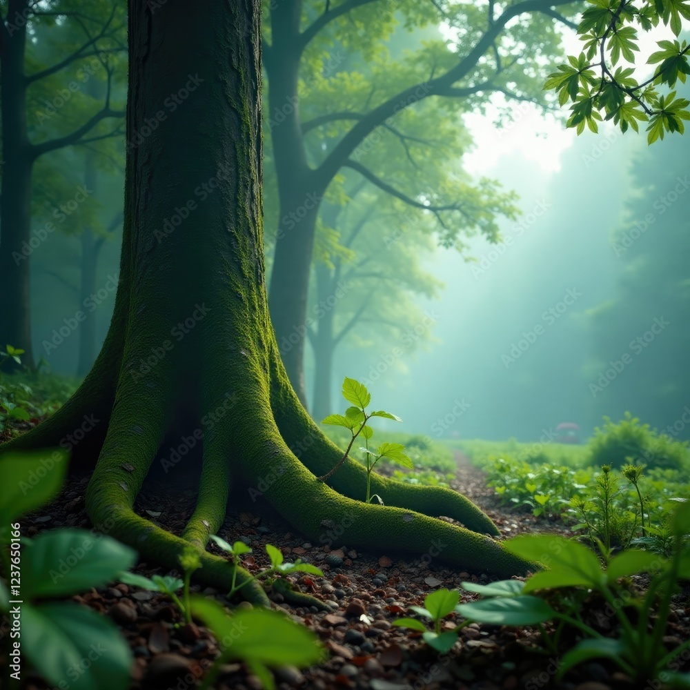 Naklejka premium Hornbeam roots peek out from the misty undergrowth, eerie, landscape, mist