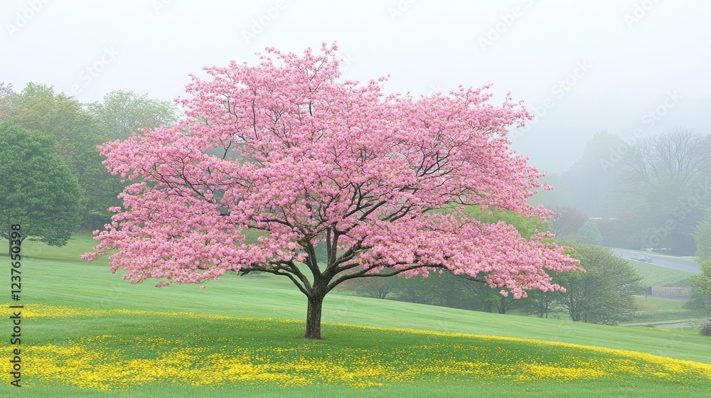 Pink Dogwood Tree in Misty Spring Meadow Pink Dogwood Tree in Misty Spring Meadow