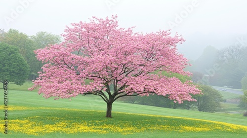 Pink Dogwood Tree in Misty Spring Meadow