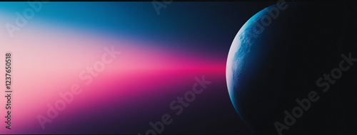 Futuristic Planet with Pink and Blue Glow in Space