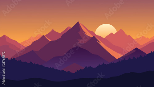 An illustration depicting mountains and trees silhouetted against a vibrant sunset sky flat vector illustration