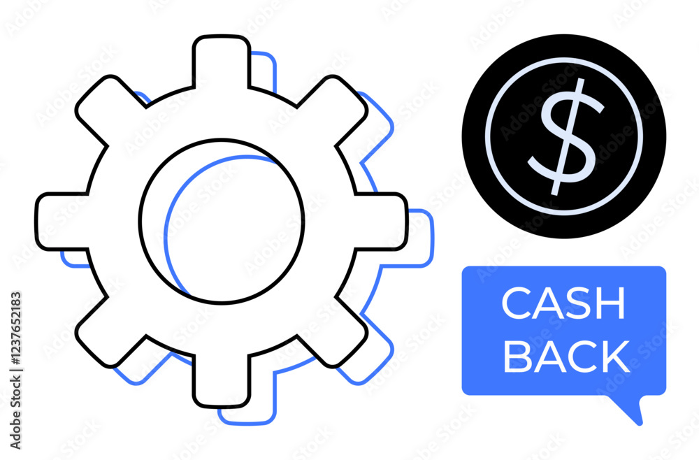 Gear with dollar sign and Cash Back speech bubble represent financial efficiency, operational processes. Ideal for finance, banking rewards, efficiency, transactions, cashback benefits, systems Gear with dollar sign and Cash Back speech bubble represent financial efficiency, operational processes. Ideal for finance, banking rewards, efficiency, transactions, cashback benefits, systems