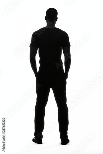 Black silhouette of man standing isolated on white background, back view. Generative ai