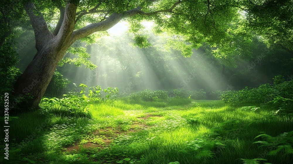 Fototapeta premium Sunbeams through forest canopy, path, nature scene, peaceful background, eco-design