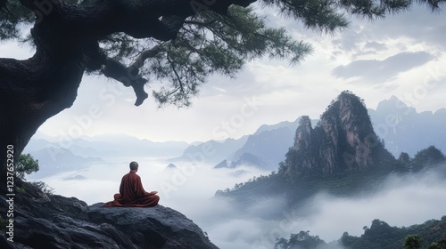 Monk Contemplating Misty Mountains: A serene monk sits in meditation on a mountaintop, overlooking a breathtaking vista of misty mountains and valleys. The image evokes a sense of peace, tranquility.