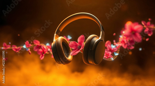 Golden Headphones in Blossom photo