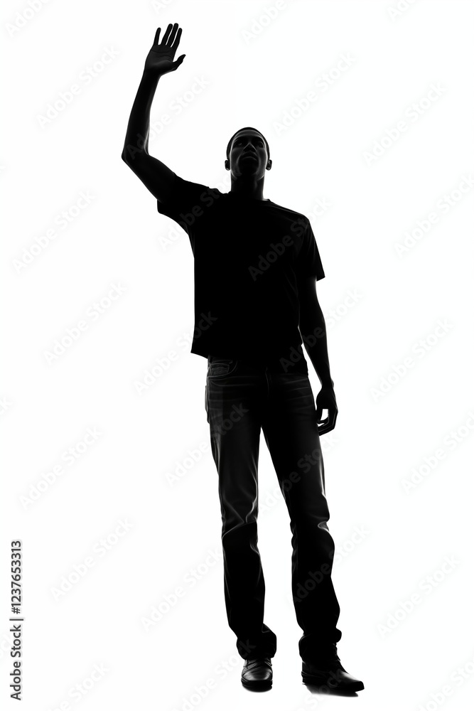 Black silhouette of man with raised hand isolated on white background. Generative ai Black silhouette of man with raised hand isolated on white background. Generative ai