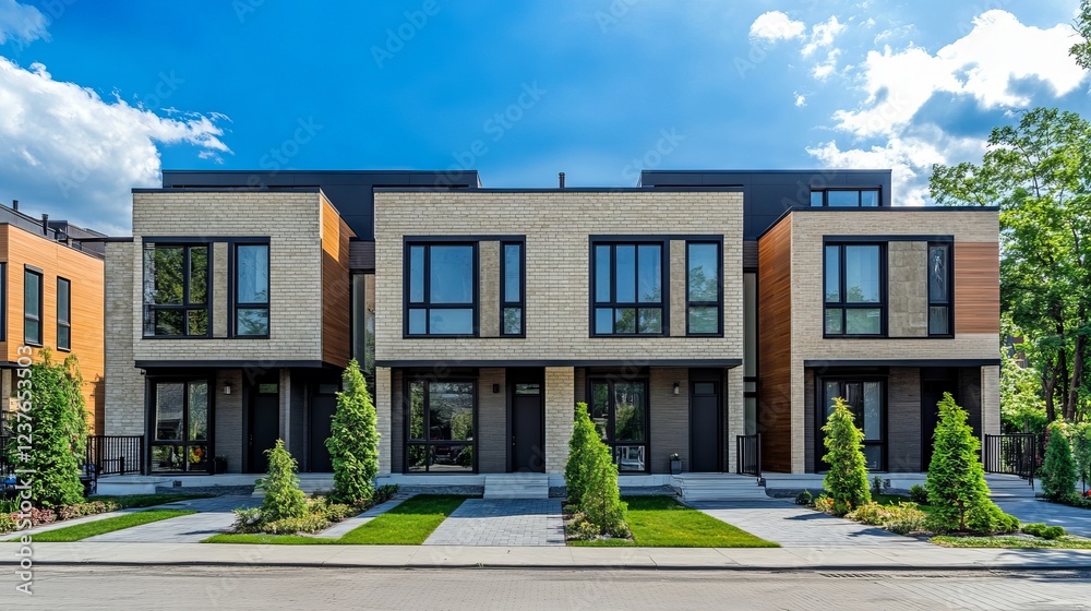 Fototapeta premium Modern Townhouses Bask In Sunny Day, Showcasing Clean Lines And Luxurious Design. Landscaping Complements The Contemporary Architecture.