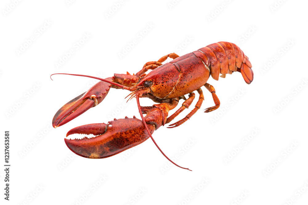 A vibrant red lobster displayed with its claws extended, showcasing its segmented body and textured shell, isolated on a transparent background A vibrant red lobster displayed with its claws extended, showcasing its segmented body and textured shell, isolated on a transparent background