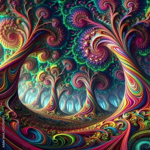 A psychedelic forest, where the trees bend and swirl into fractal patterns, their leaves morphing into colorful spirals