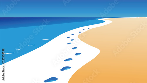 Footprints in the sand on a beach, leading towards the gentle waves of the ocean under a clear blue sky flat vector illustration.