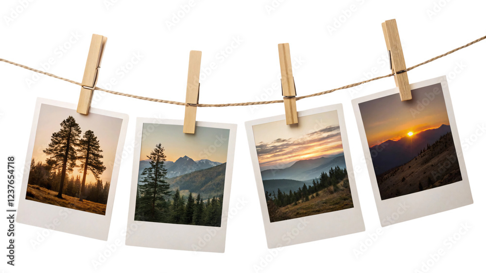 Four Polaroid-style photos clipped to a twine string with wooden clothespins, showing scenic landscapes of mountains, forests, and vibrant sunset skies, isolated on a transparent background