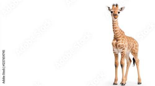 Adorable baby giraffe standing against white background, perfect for children's books or wildlife conservation campaigns photo