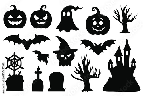 Halloween silhouettes set isolated flat vector illustration on white background