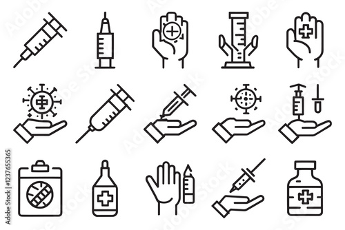 Hand is holding a syringe equipped with a needle related editable stroke outline icon set flat vector illustration