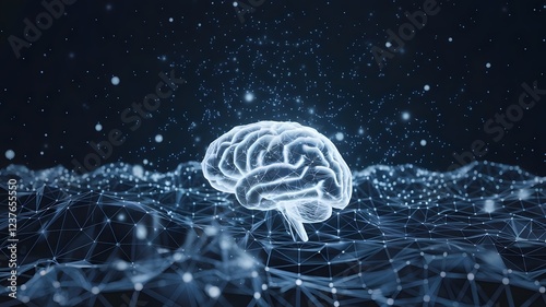 A digital landscape where particles of light float and collide, representing the electrical activity of the human brain