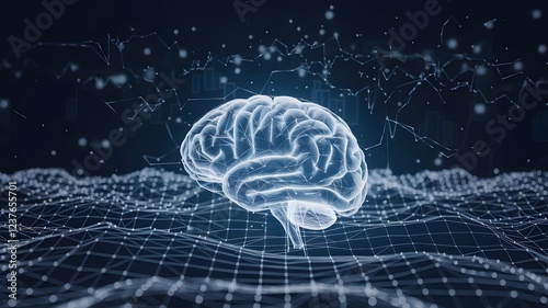 A digital landscape where particles of light float and collide, representing the electrical activity of the human brain