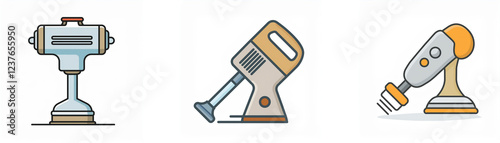 Three illustrations of hand-held electric kitchen appliances.  Different models are shown with varying designs and functionalities.