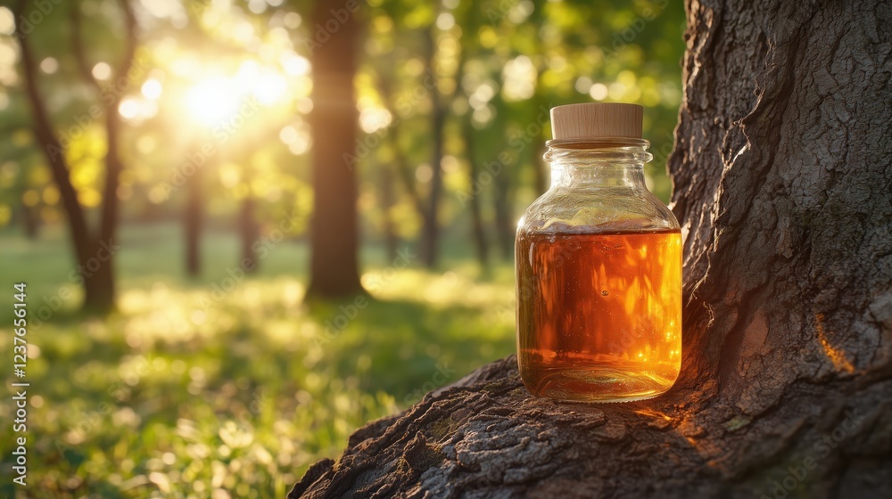 Jar of golden honey against a tree in sunlight
Jar of golden honey against a tree in sunlight