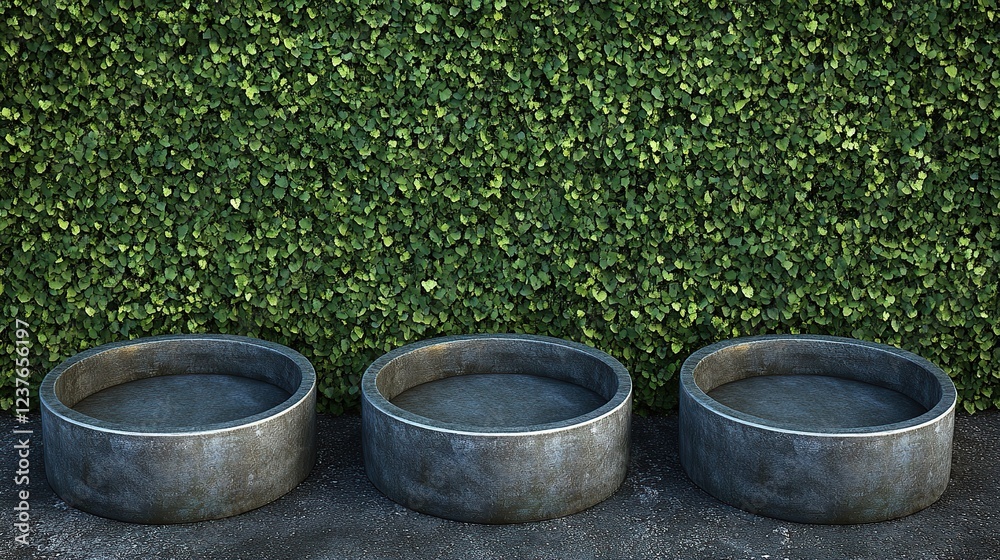 Three concrete planters, ivy wall backdrop, garden display Three concrete planters, ivy wall backdrop, garden display