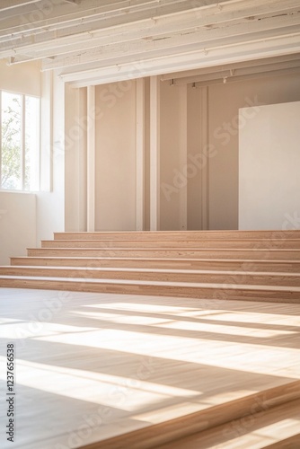 An empty dance studio with bright, clean backgorund in minimalist design. A large stage is at the back of the room, with wooden steps leading up to it. 