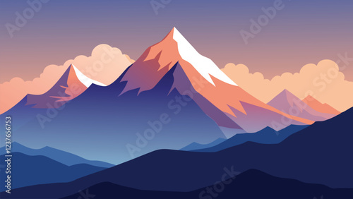 Majestic mountains under a sky filled with clouds, illuminated by the soft light of the rising sun flat vector illustration