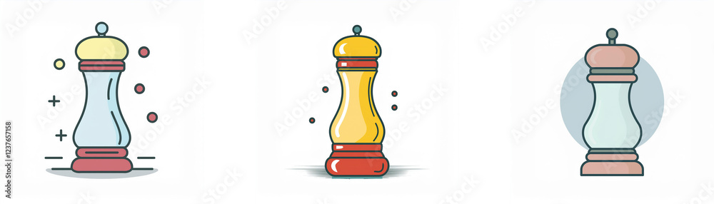 Three illustrations of pepper grinders in varying colors and styles. Each grinder features a distinct design, showing different perspectives of the kitchen utensil. Three illustrations of pepper grinders in varying colors and styles. Each grinder features a distinct design, showing different perspectives of the kitchen utensil.