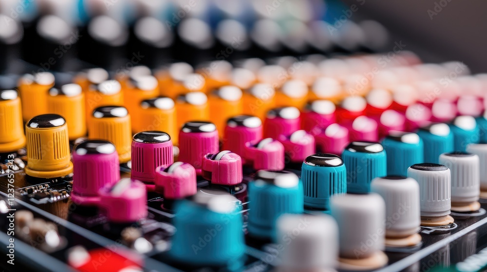 Colorful audio mixer knobs close-up. Studio background. Music production Colorful audio mixer knobs close-up. Studio background. Music production