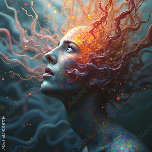 An abstract representation of consciousness, with neural patterns radiating outward in a series of interconnected, flowing lines