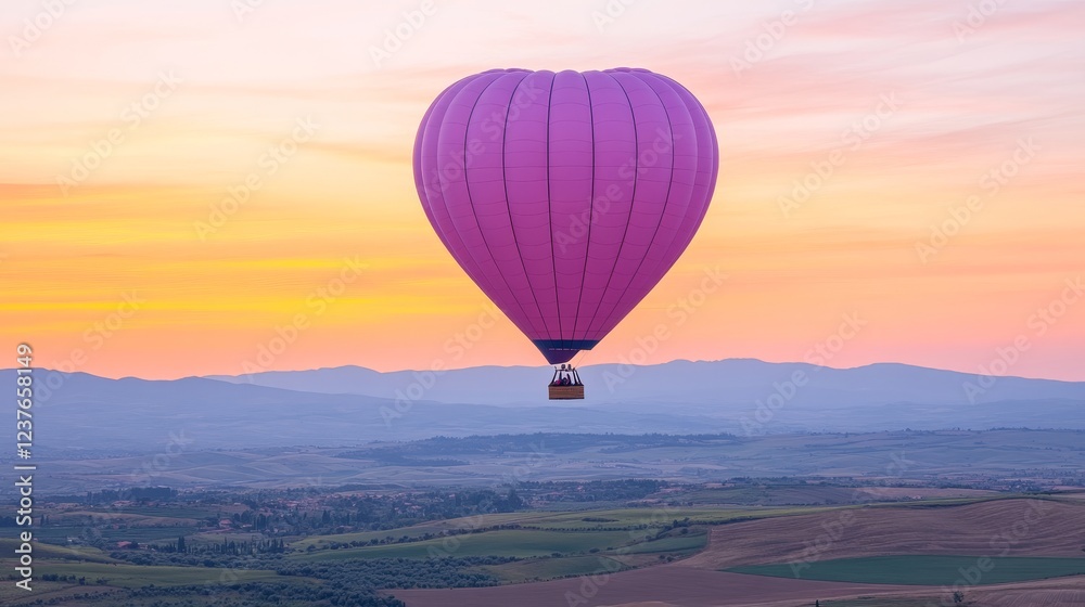 Obraz premium Pink Hot Air Balloon Soaring Over Tuscan Landscape at Sunrise
