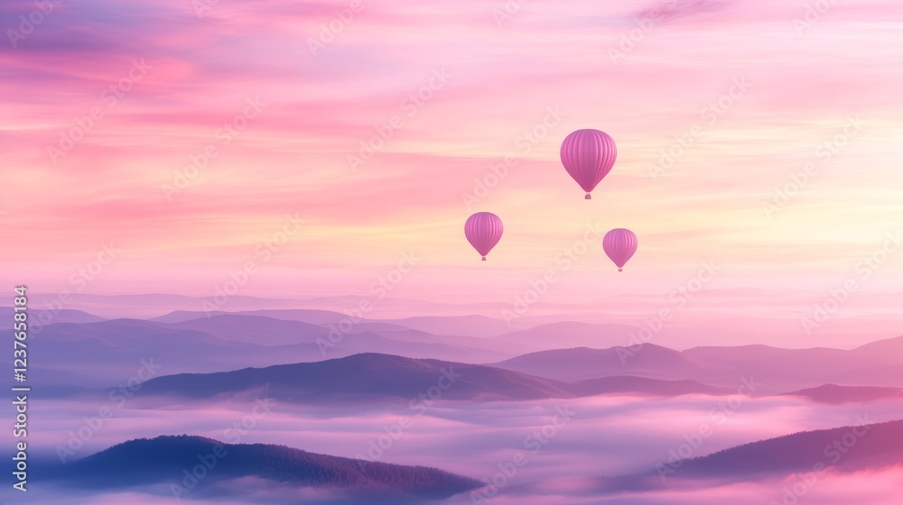 Obraz premium Pink Hot Air Balloons Soaring Over Misty Mountains at Sunrise