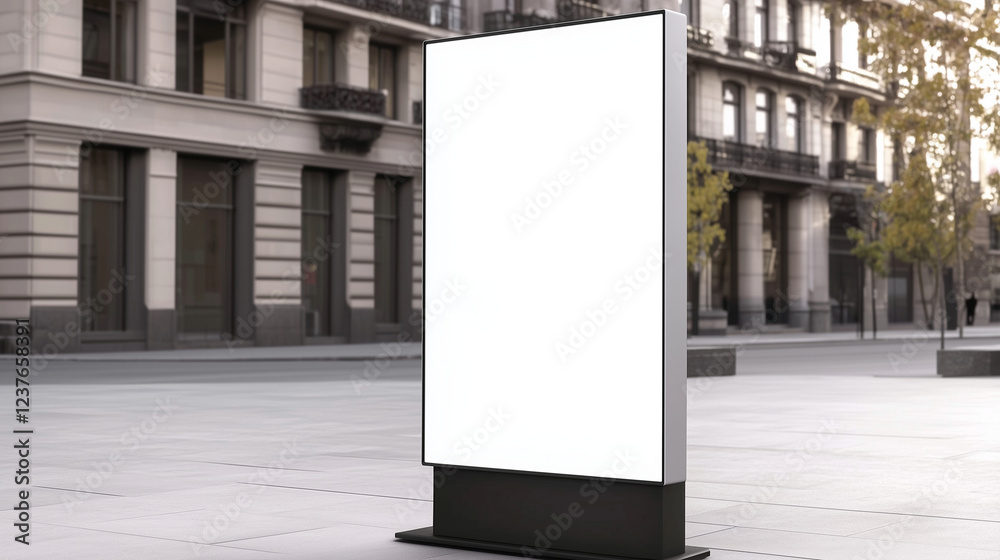 Modern digital display screen on black pedestal in urban plaza, featuring a sleek silver frame and blank screen. Surrounded by stone-faced building, large dark windows, and leafless trees, with light Modern digital display screen on black pedestal in urban plaza, featuring a sleek silver frame and blank screen. Surrounded by stone-faced building, large dark windows, and leafless trees, with light