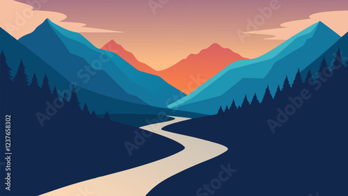  Tranquil stream meanders through a scenic mountain valley, framed by majestic mountains and vibrant vegetation flat vector illustration
