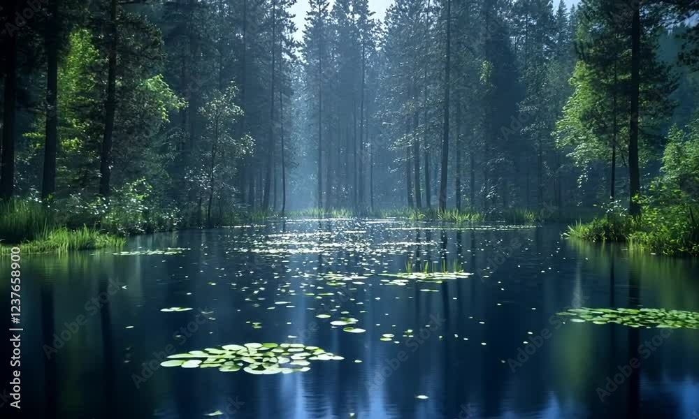 Serene forest landscape with tranquil water reflecting sunlight and lush greenery in background
