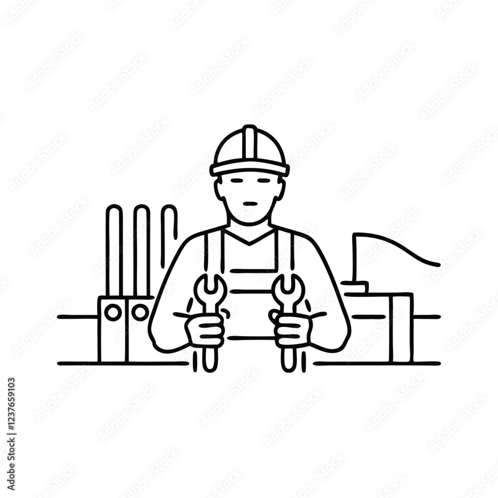 Worker holding tools Hand drawn line art vector illustration Worker holding tools Hand drawn line art vector illustration