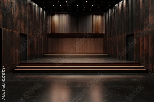Wallpaper Mural An empty dance studio with dark brown walls and black floors. A large stage is at the back of the room, with wooden steps leading up to it. Torontodigital.ca