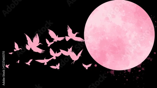 Pink Moonlit Flight Birds Silhouetted Against a Pink Moon photo