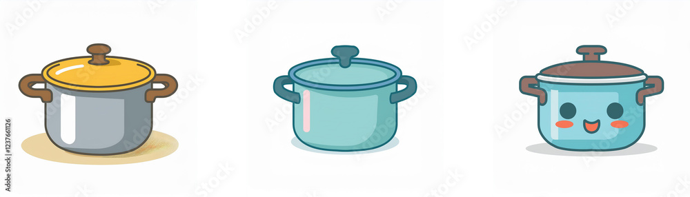 Three cute cartoon pots with lids, in grey, teal, and light blue, are shown.  They have simple smiling faces.