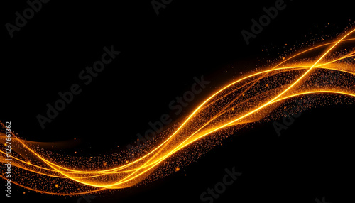 Abstract golden light trails, flowing curves, black background, luminous energy waves, glowing ribbon effect, dynamic motion, sleek design, futuristic, ethereal, minimalist composition, shimmering gol