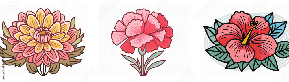 Fototapeta premium Three vibrant flower illustrations: a chrysanthemum, a carnation, and a hibiscus. Each blossom showcases detailed petals and leaves in a colorful array.