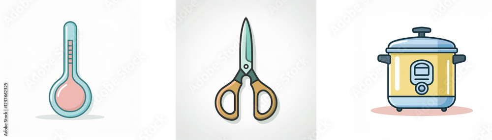 Simple line art icons depict a thermometer, scissors, and a rice cooker; suggesting kitchen tools and cooking preparation. Simple line art icons depict a thermometer, scissors, and a rice cooker; suggesting kitchen tools and cooking preparation.