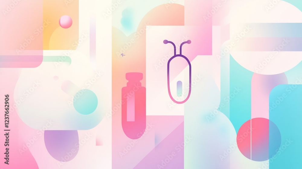 Abstract pastel design with geometric shapes and soft gradients, featuring bottle and device icons Abstract pastel design with geometric shapes and soft gradients, featuring bottle and device icons